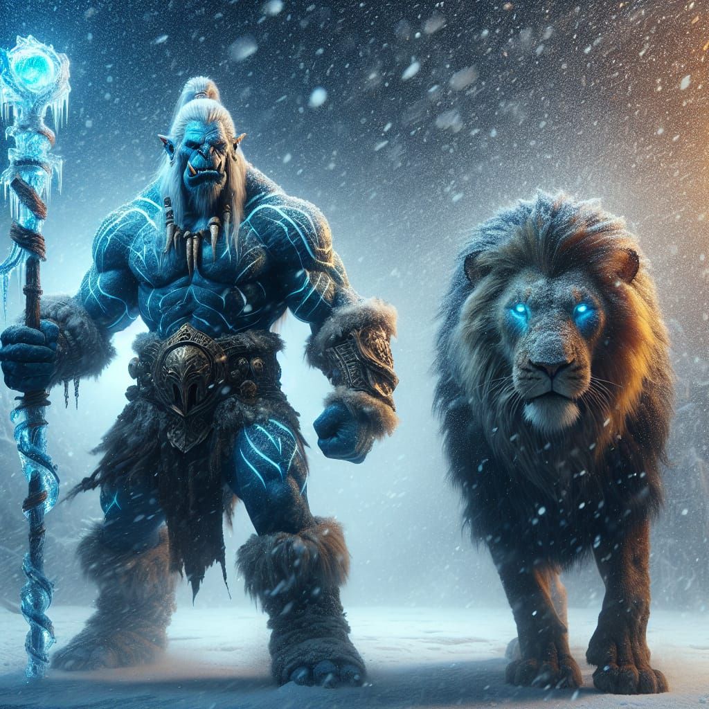 Orc Sorcerer Battles Lion in Snowy Arena