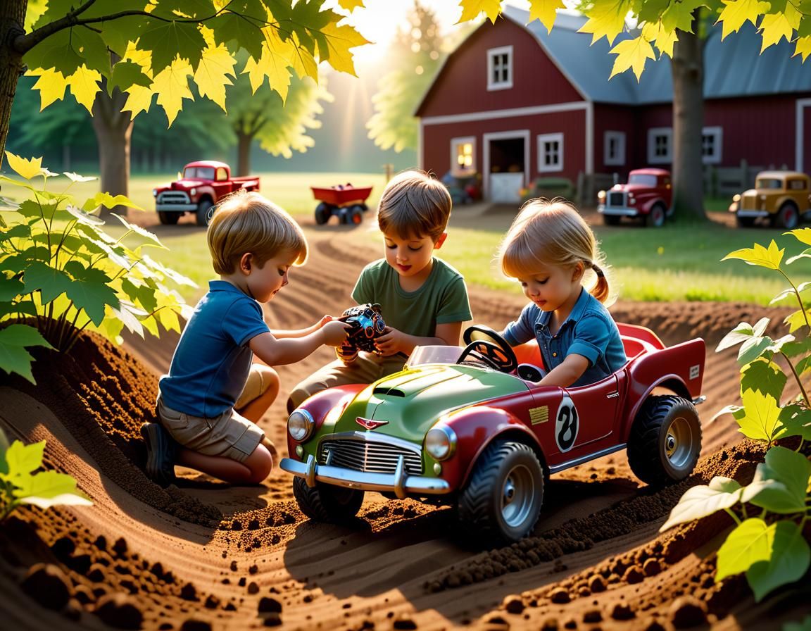 Children Playing in Farmyard at Magic Hour