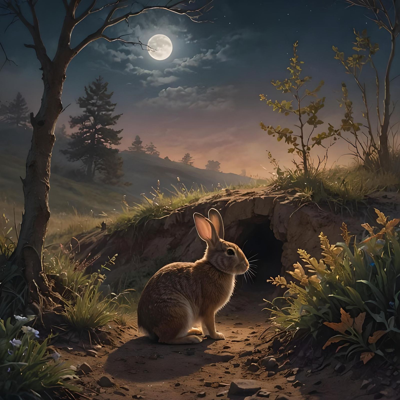 Rabbit Emerges on Misty Moonlit Night