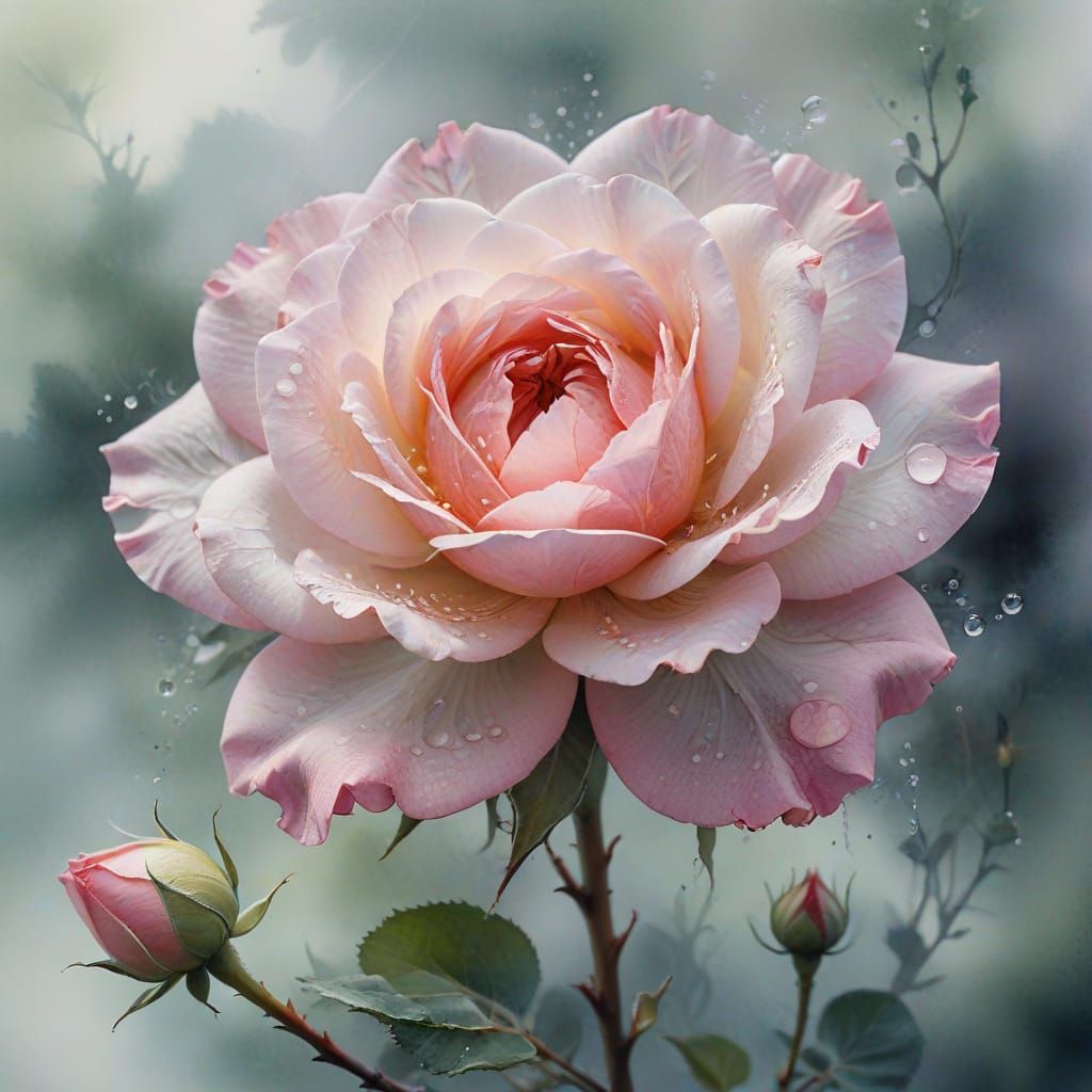Ethereal Pink Rose Blossom in Watercolour Mist