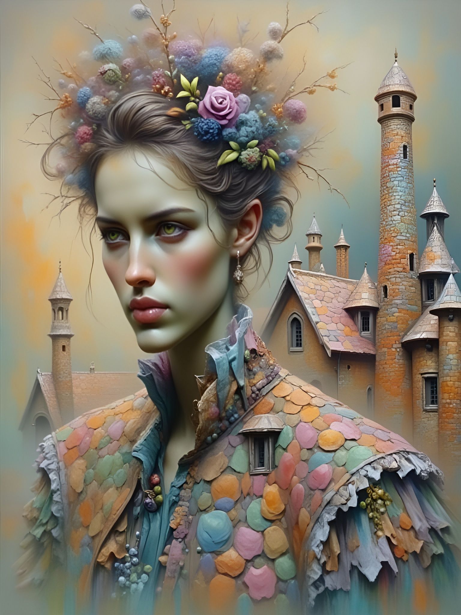 Whimsical House and Figure with Golden Leaf Dust