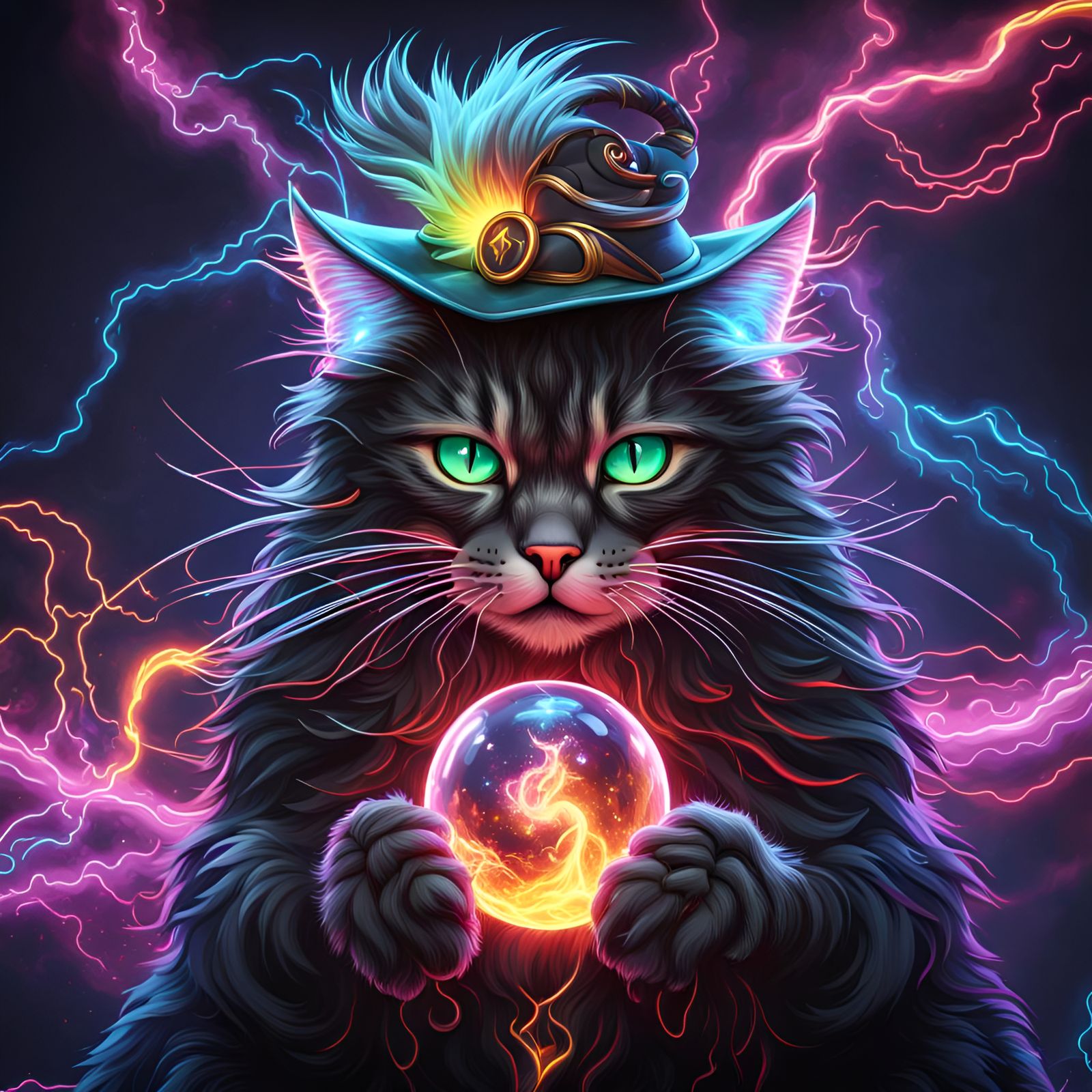 Cat sorcerer,    lightning orb, swirling lightning, swirling...