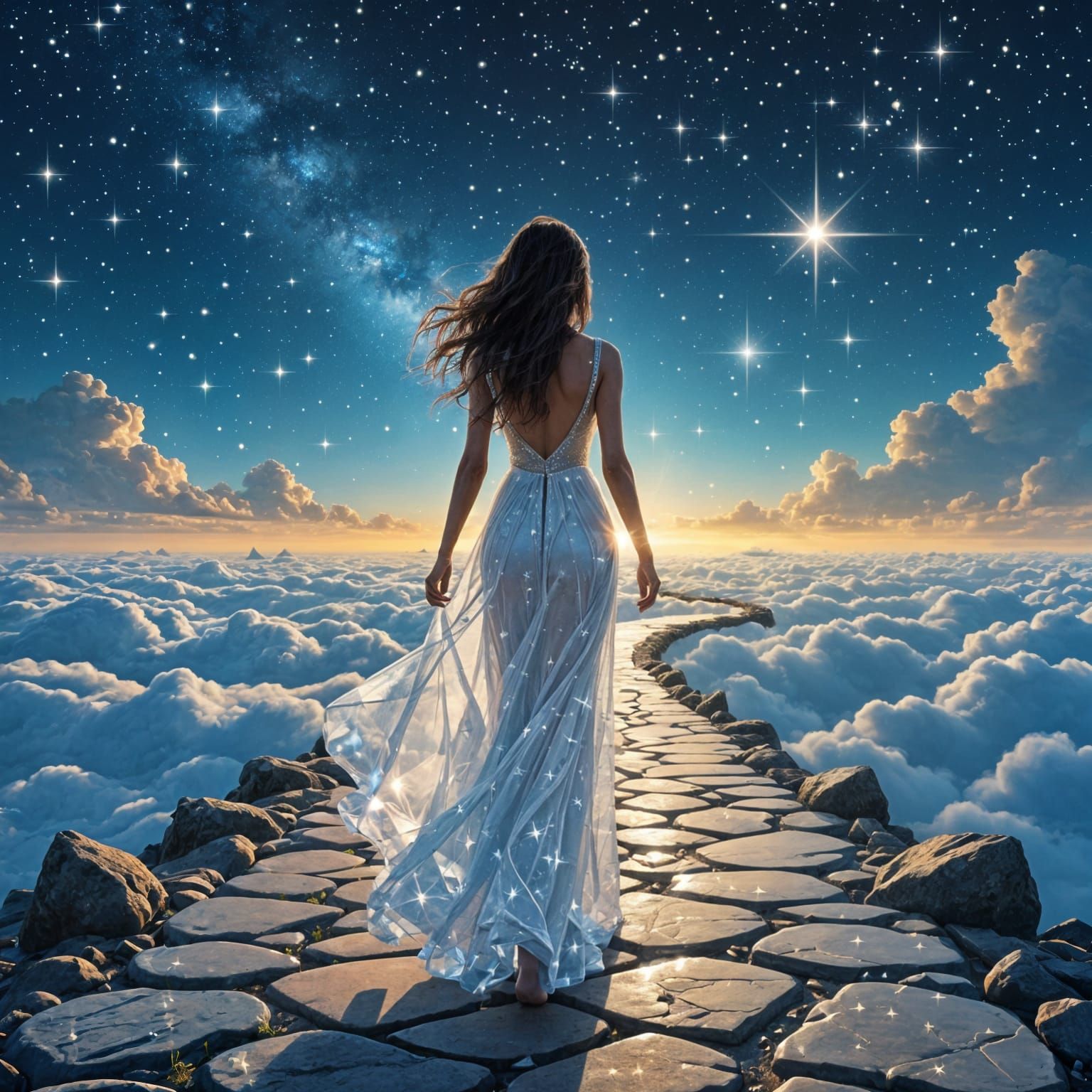 Crystal Woman in Unreal World with Starry Path