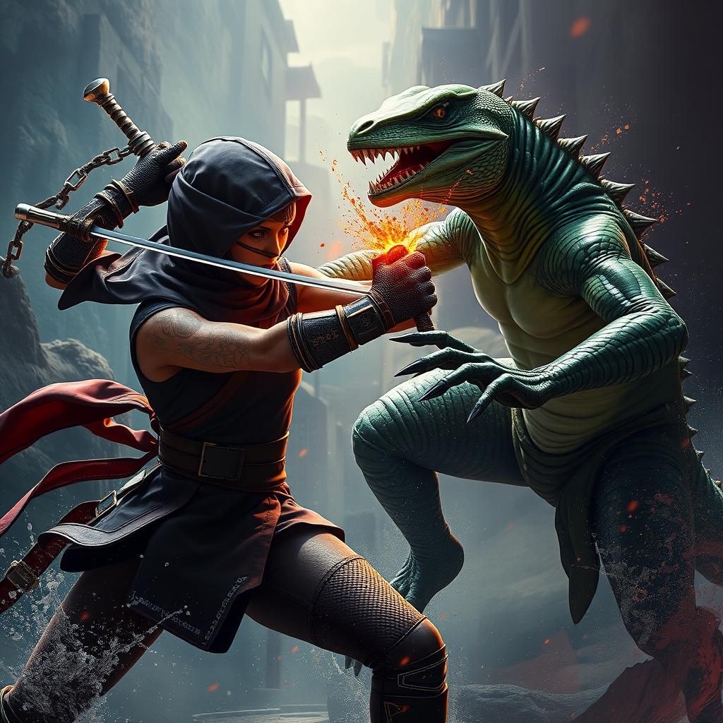 Ninja Warrior vs Lizard Man: Fantasy Concept Art