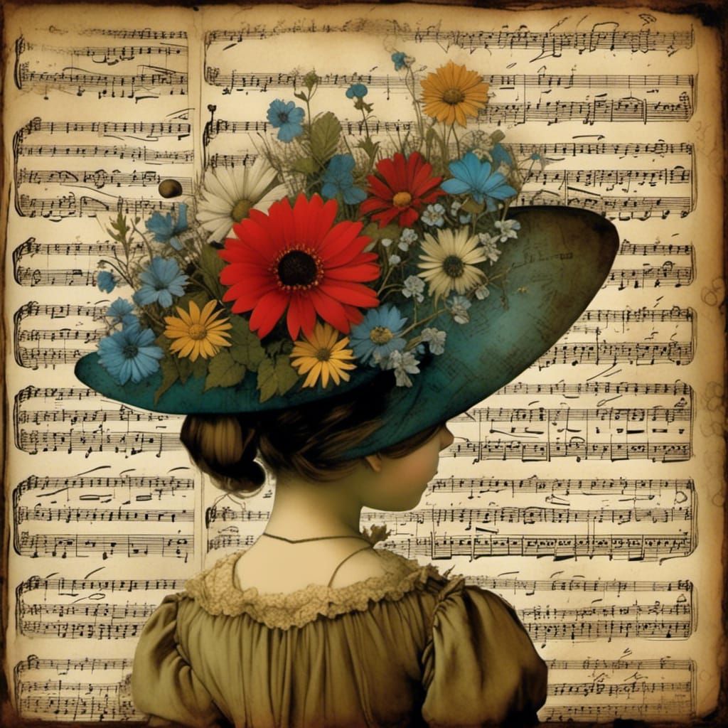 Wildflower Collage with Vintage Music and Maps
