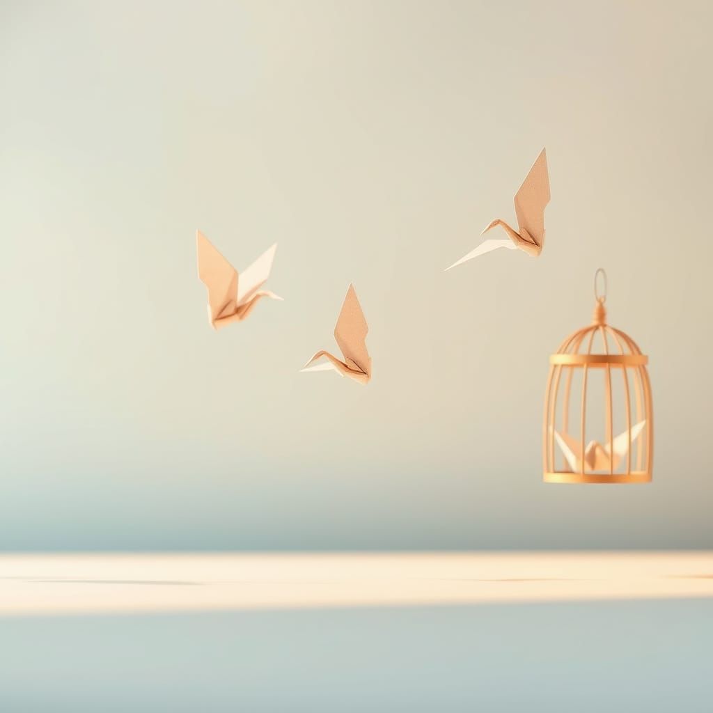 Origami Cranes Escape Paper Cages in Ethereal Ascent