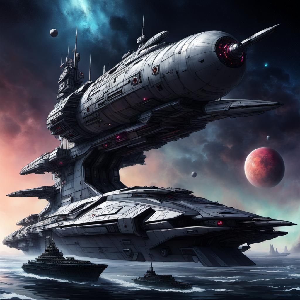 Cyberpunk Space Battleship in the Distant Future