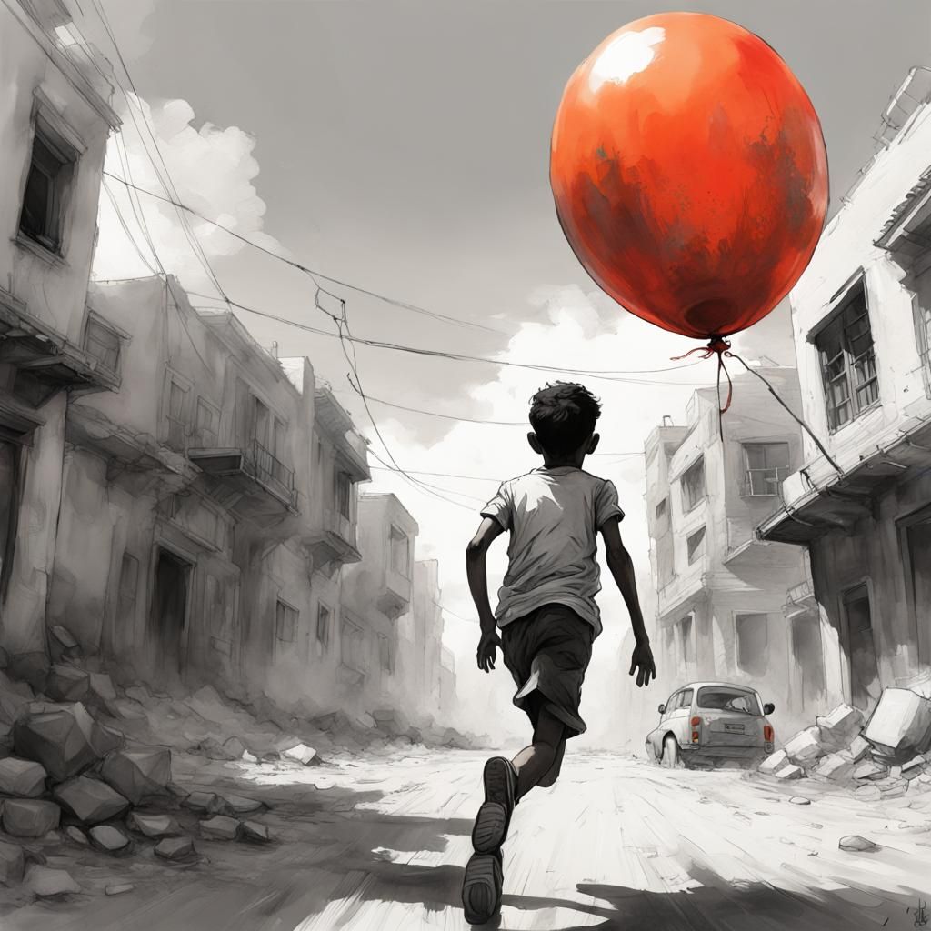Boy with Red Balloon in Gaza: Watercolor Art