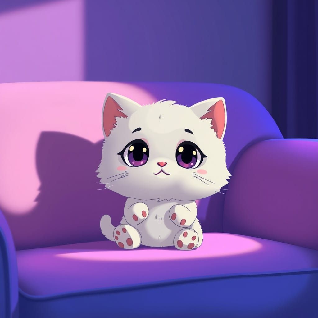 Surreal Chibi Kitten Sits Alone on Pastel-Colored Couch