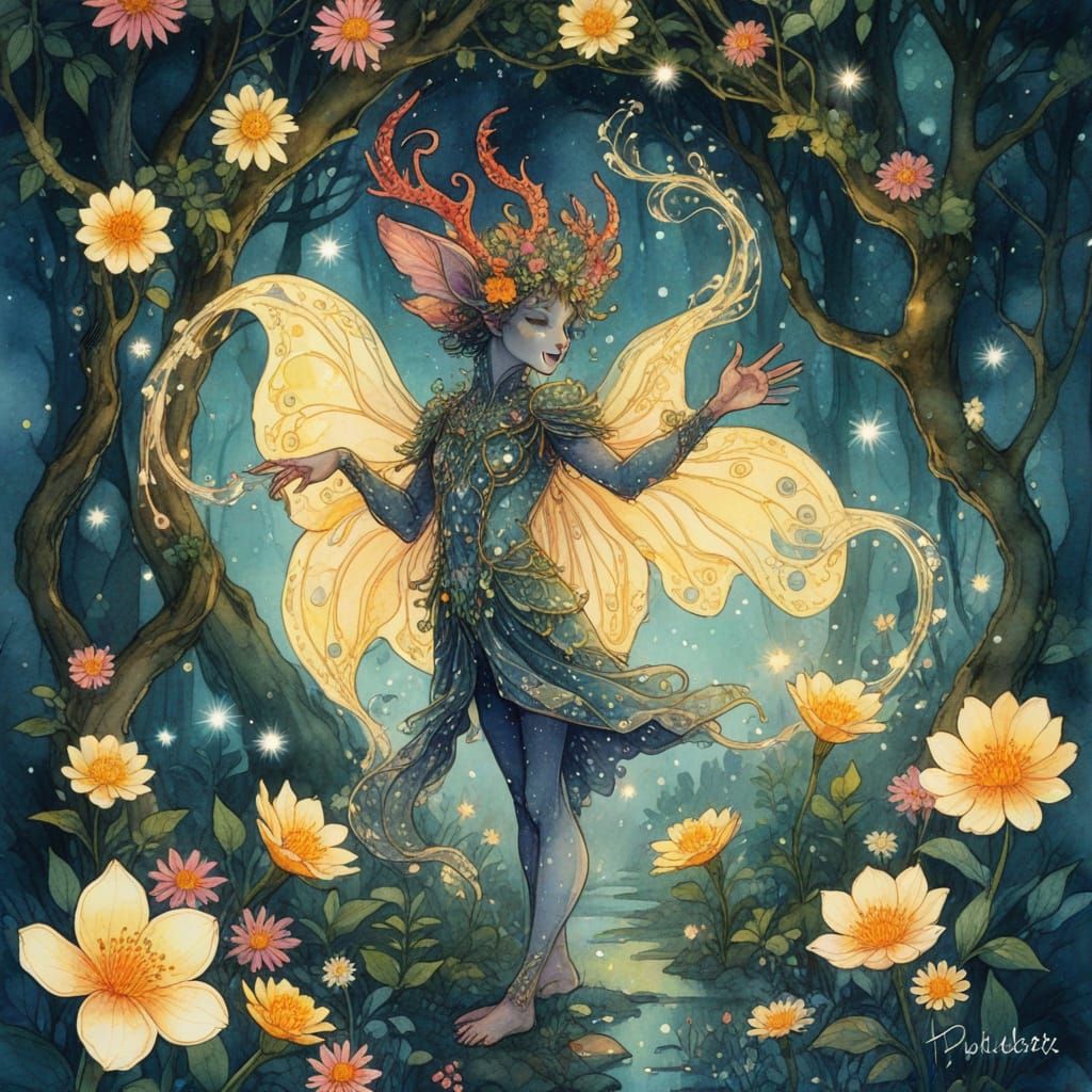 Mystical Forest Creature in Watercolor and Ink Style