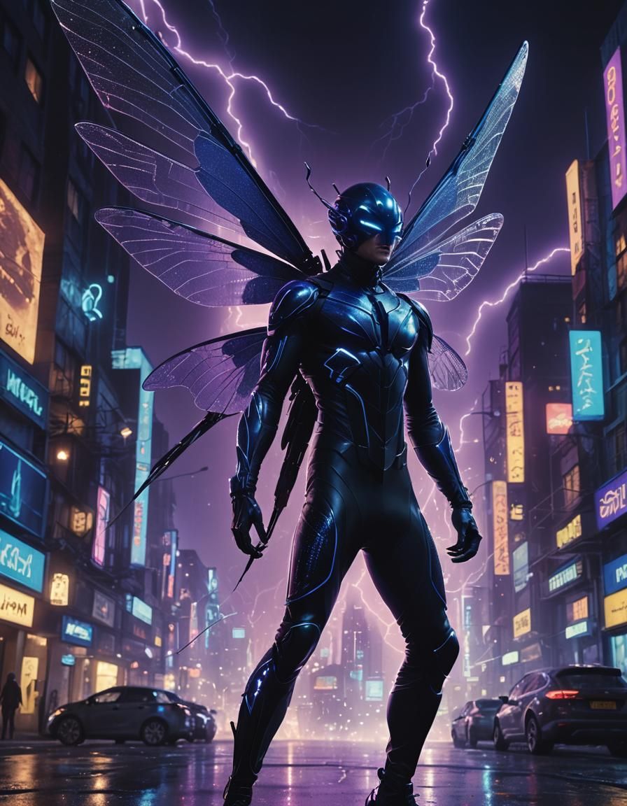 Pixie in Futuristic City with Dragonfly Wings