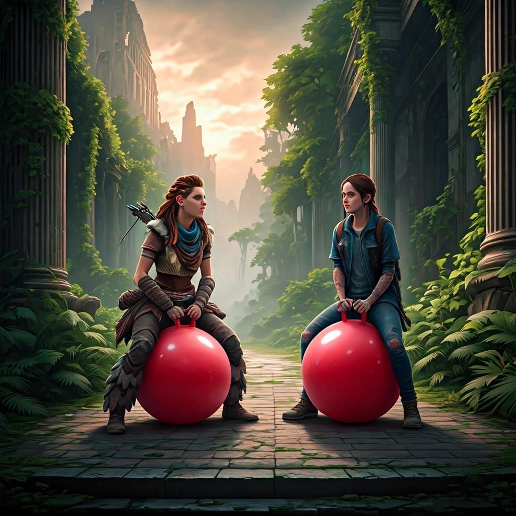 Aloy and Ellie Bouncing in Post-Apocalyptic Landscape