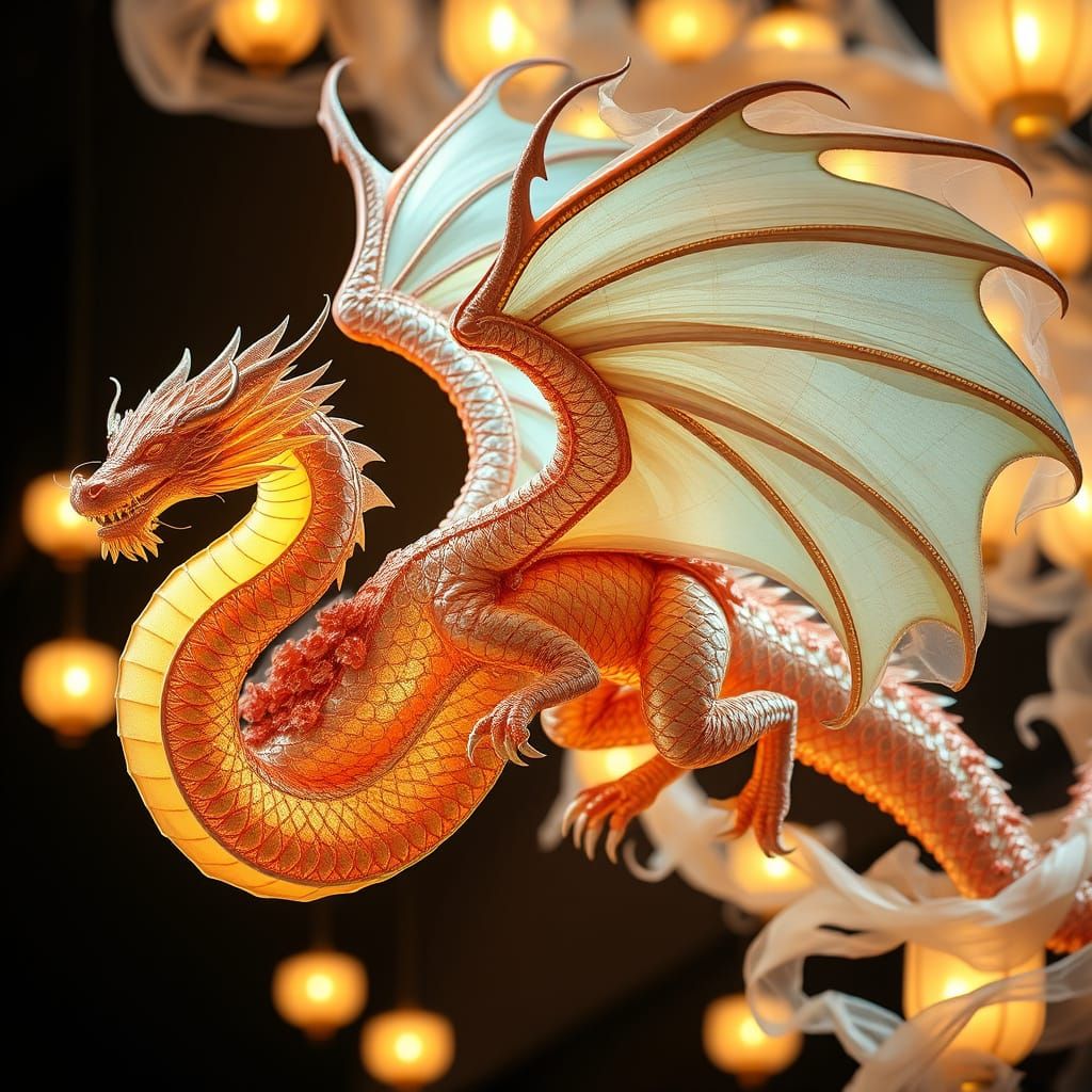 Ethereal Silk Dragon with Intricate Brocade Scales and Delic...