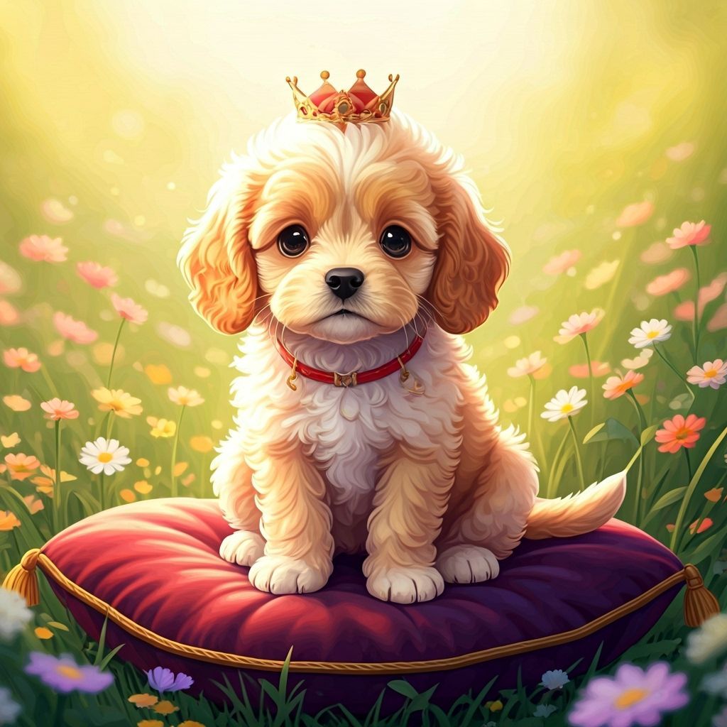 Regal Cockapoo Puppy in Anime Style Meadow