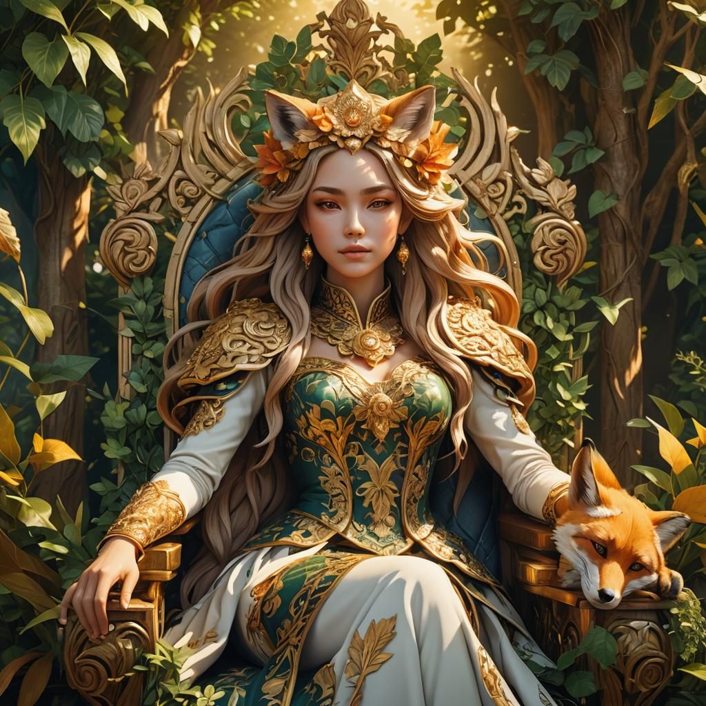 Regal Fox Woman on Throne in Anime Style