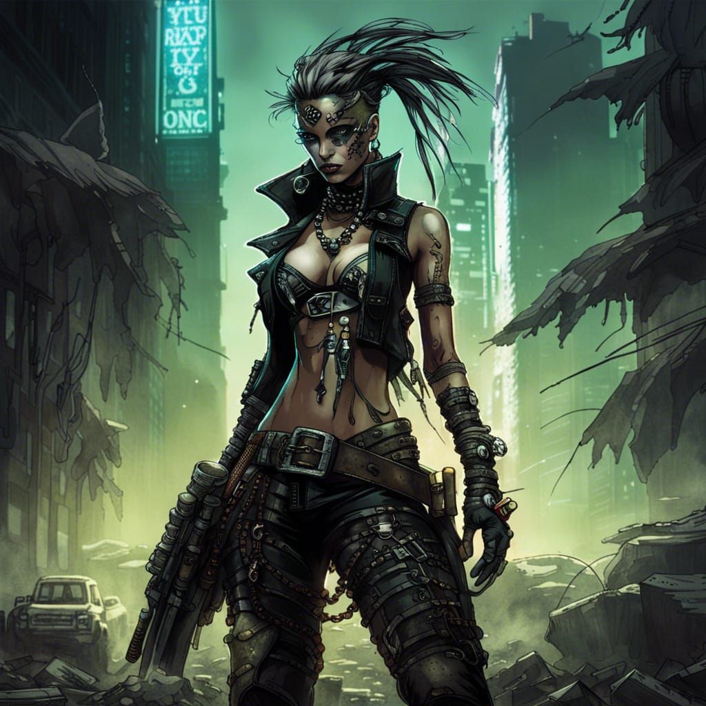 Cyberpunk Pirate Goddess in Post-Apocalyptic Cityscape