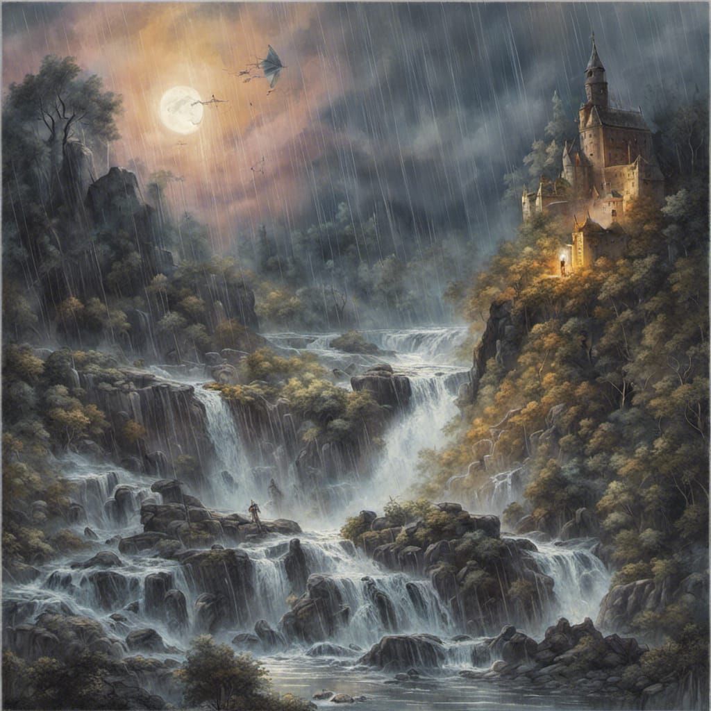 Epic Battle at Ancient Castle in Faded Watercolors