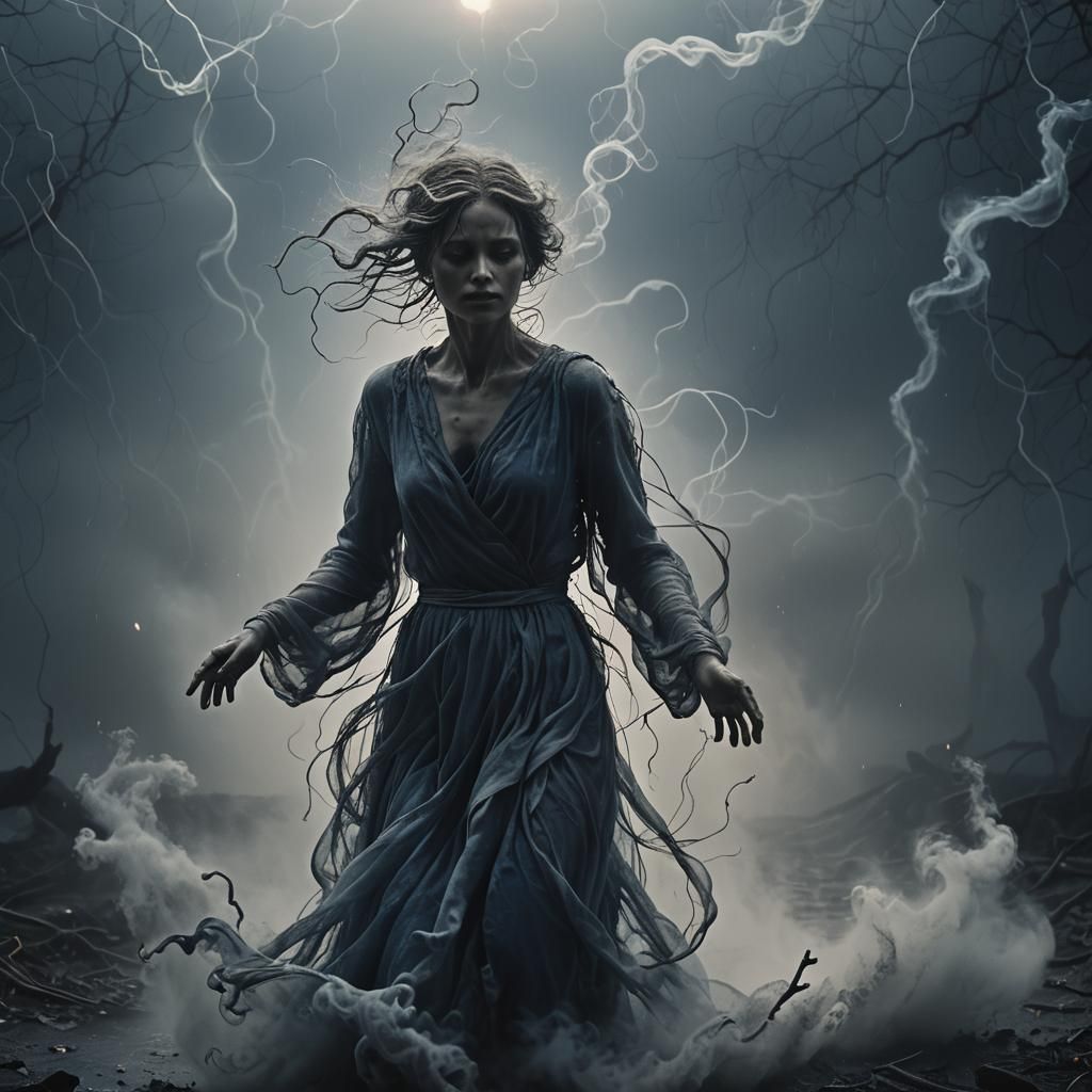 Ethereal Mist Figure in Stormy Darkness
