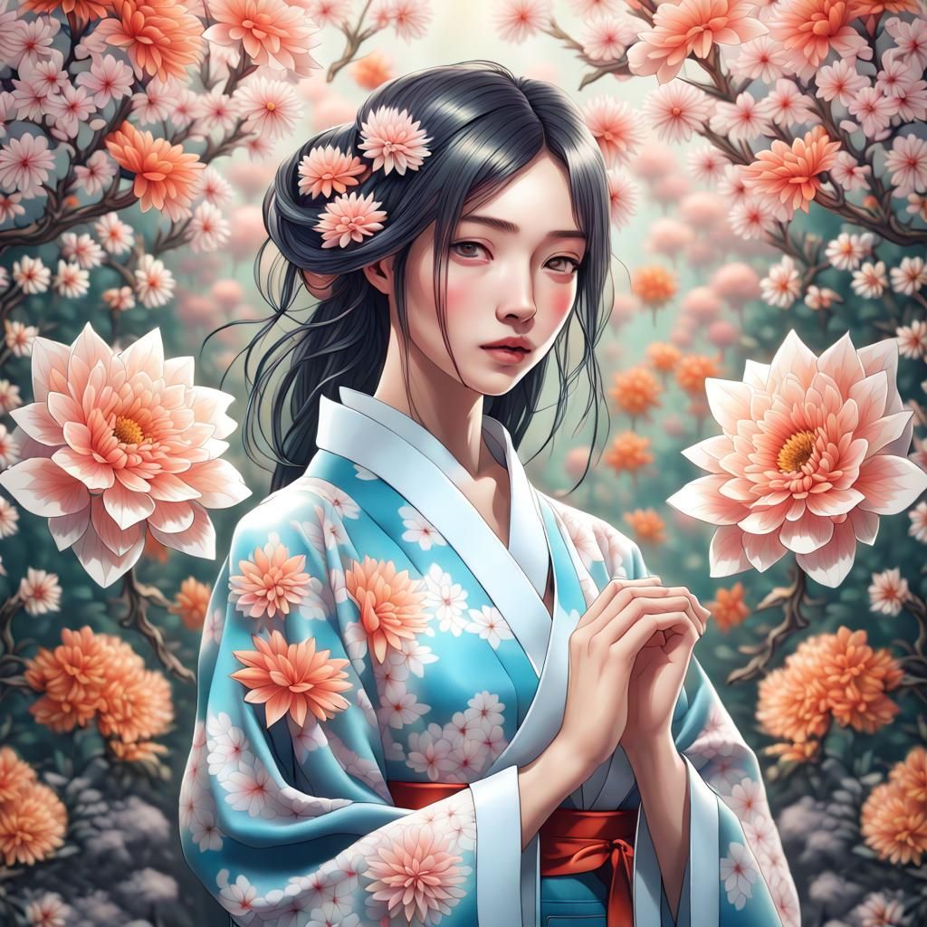 Girl in Floral Kimono, Digital Art Style