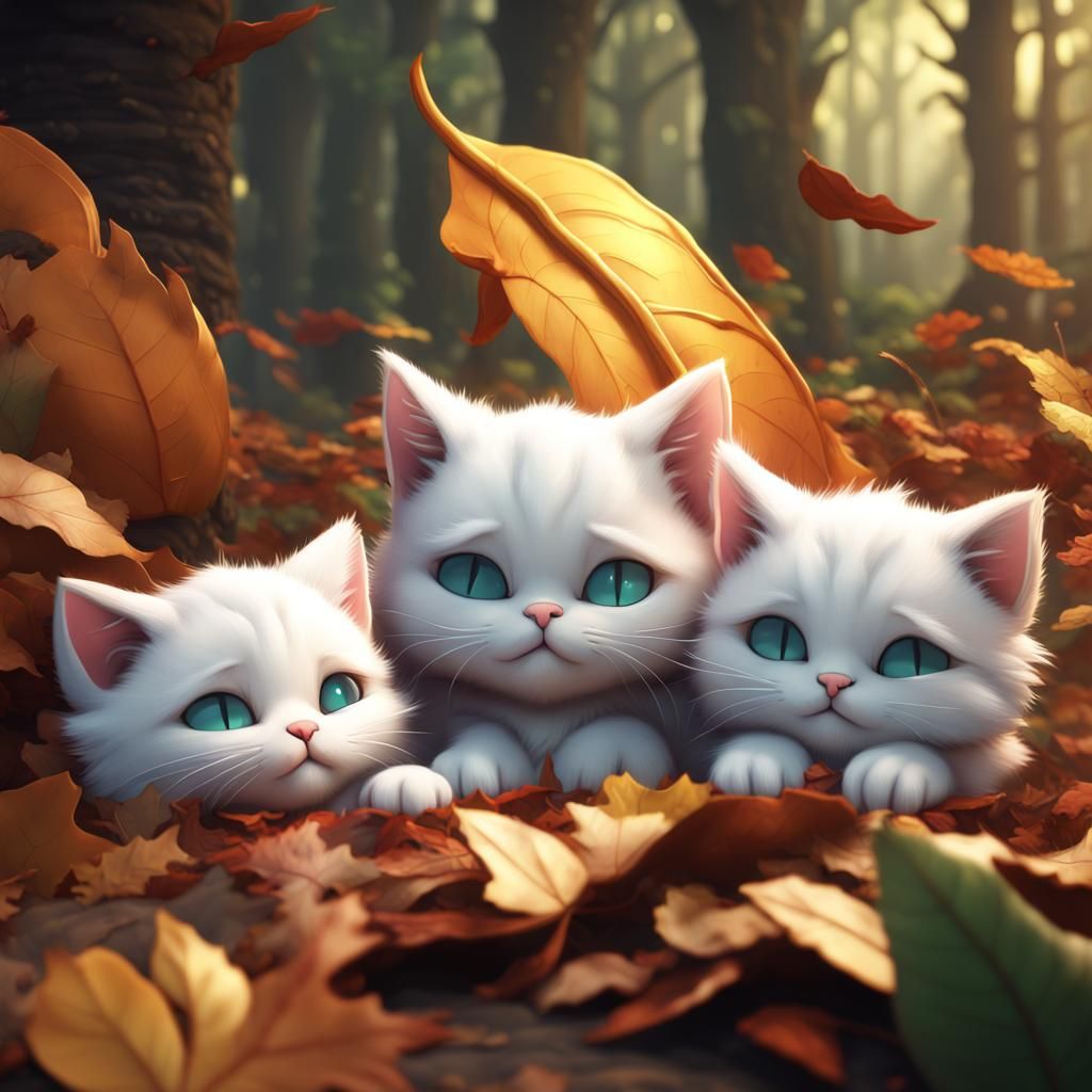Cute White-Haired Kittens Sleeping on Leaves Cartoon