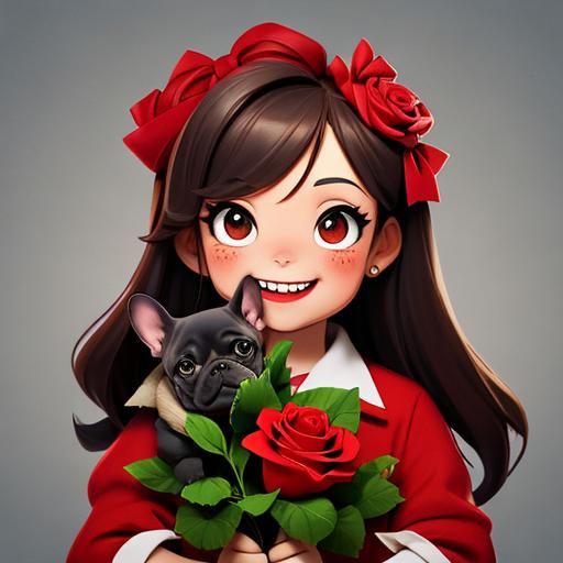 French Bulldog Presents Rose to Girl