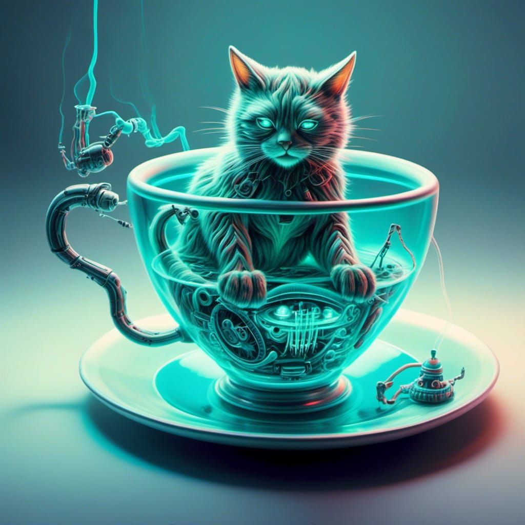 Biomechanical Cat in Teacup: Bioluminescent X-Ray Art