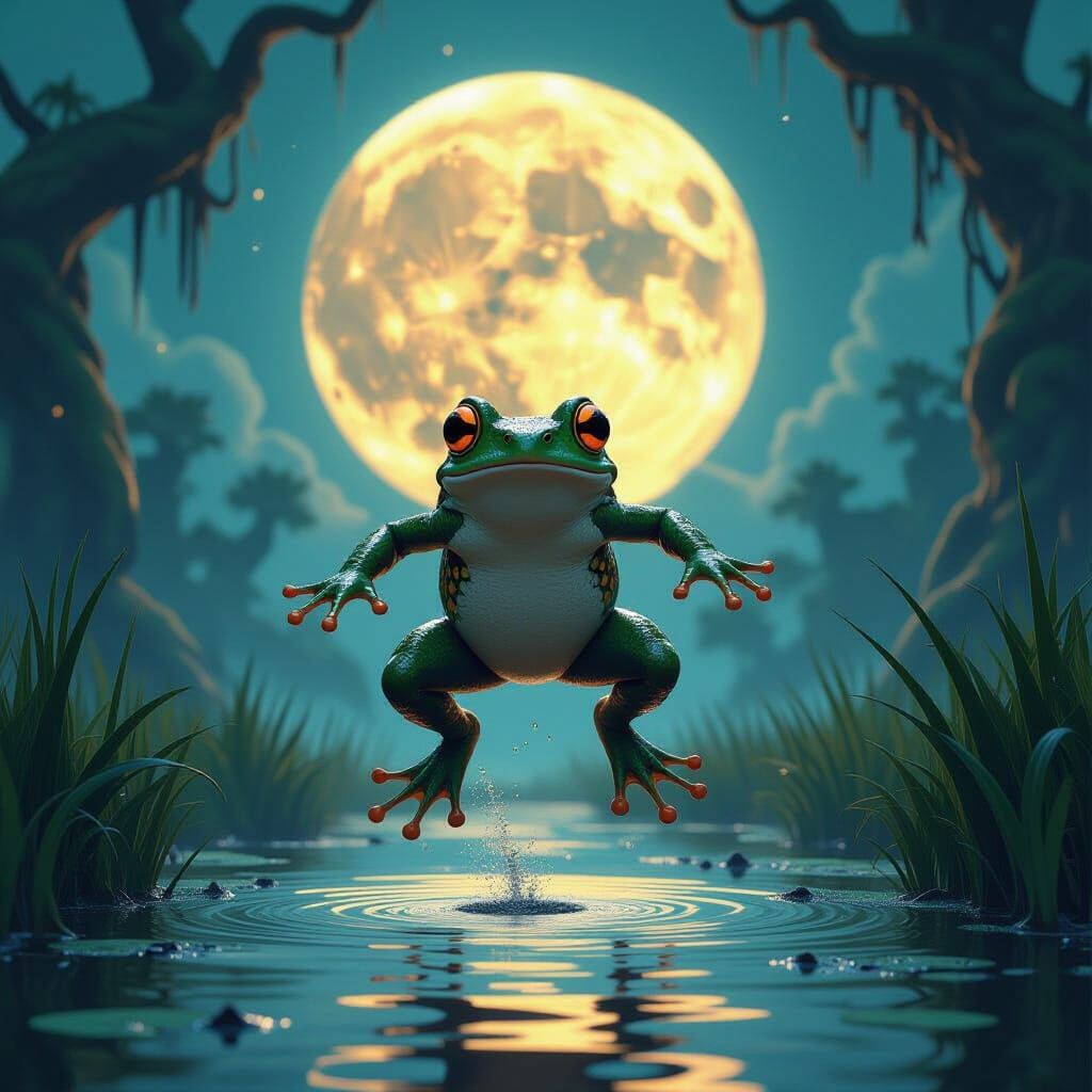 Surprised Frog Leaps Across Mystical Swamp
