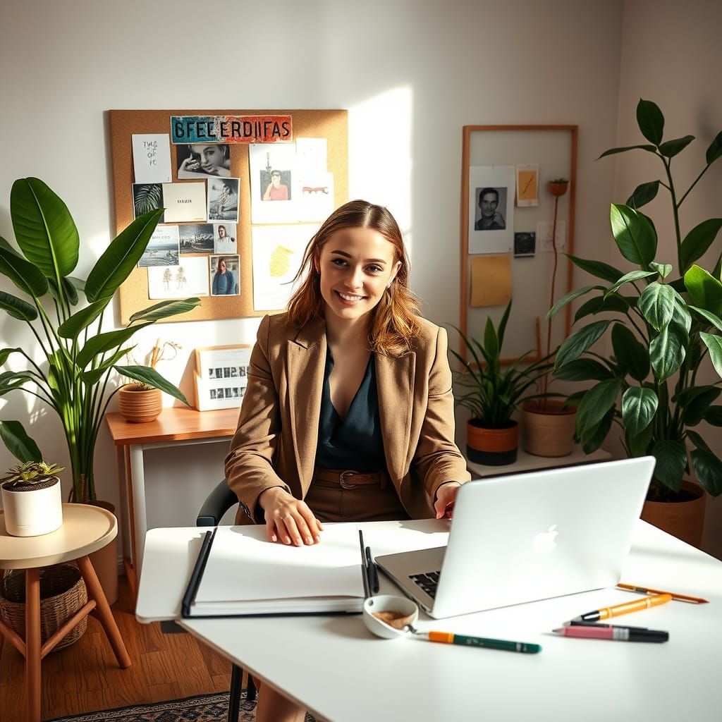 Confident Woman at Desk in Photo-Realistic Style