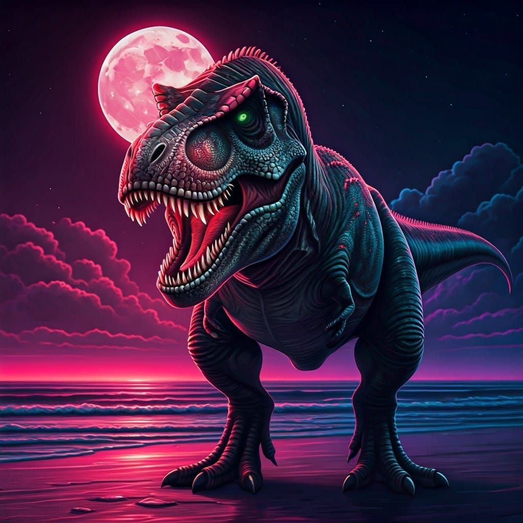 Giant Bioluminescent T-Rex on Moonlit Beach in Synthwave Sty...