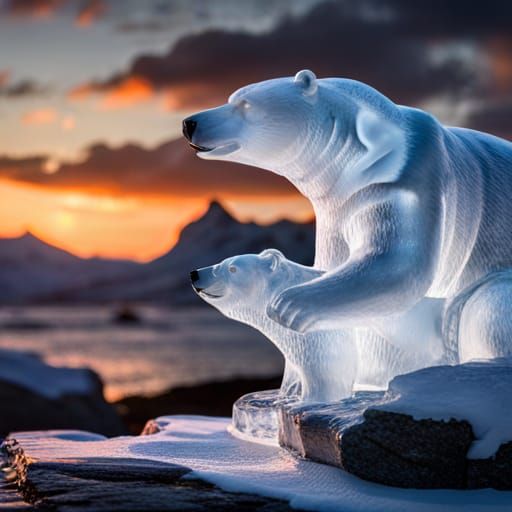 Majestic Polar Bear Ice Sculpture in Winter Landscape