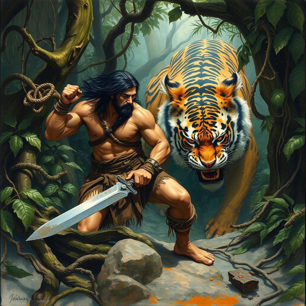 Savage Barbarian Confronts Fierce Jungle Tiger in Epic Fanta...