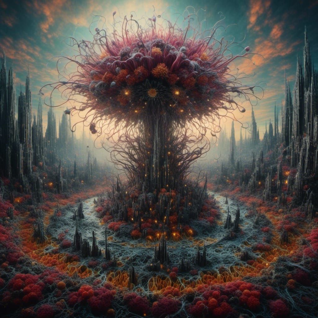 Surreal Landscape with Elastic Flora and Vortex City