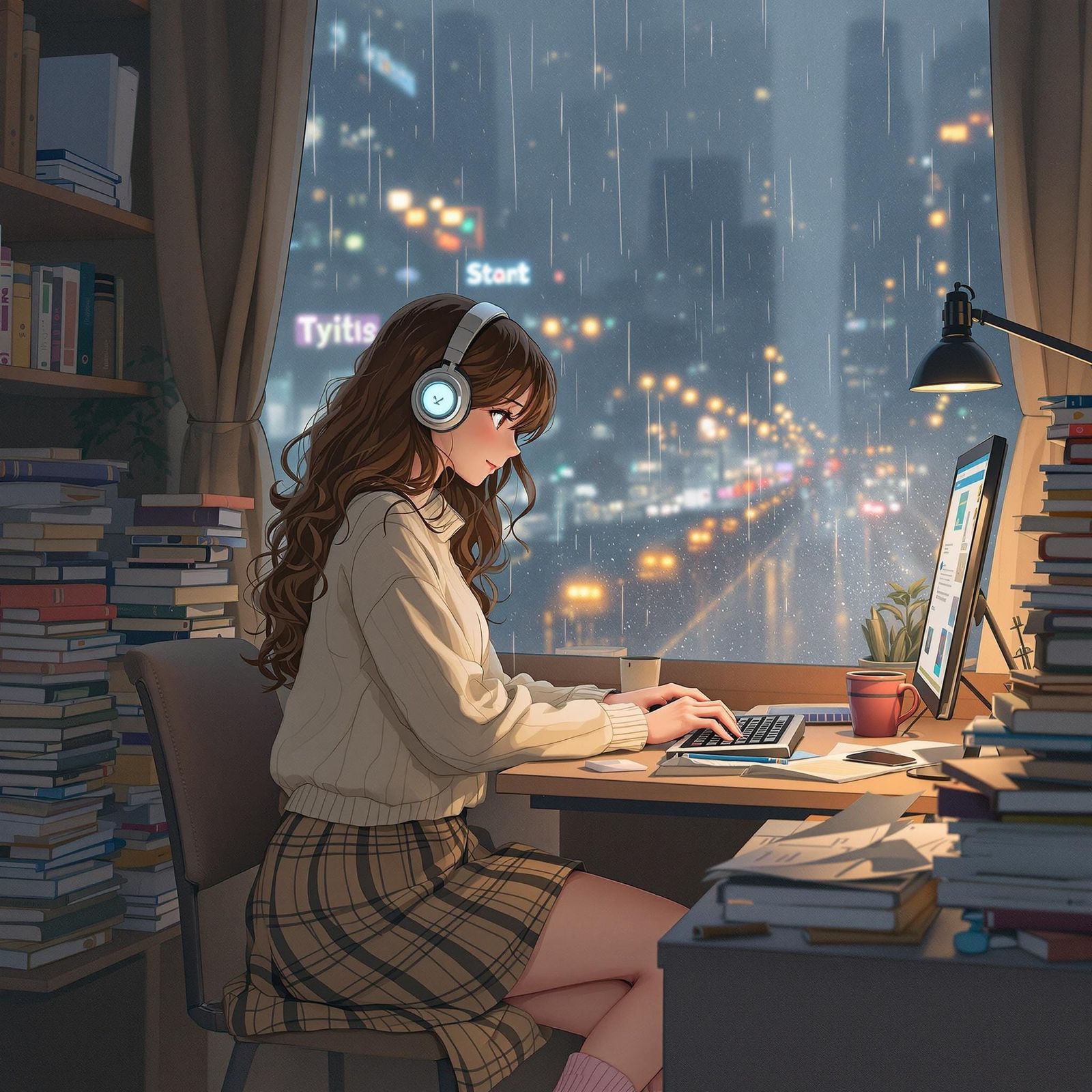 Anime Girl Studies in Cozy Room