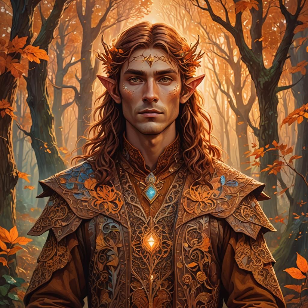 Wood Elf in Vibrant Autumn Forest at Sunset, Cosmic Folk Art...