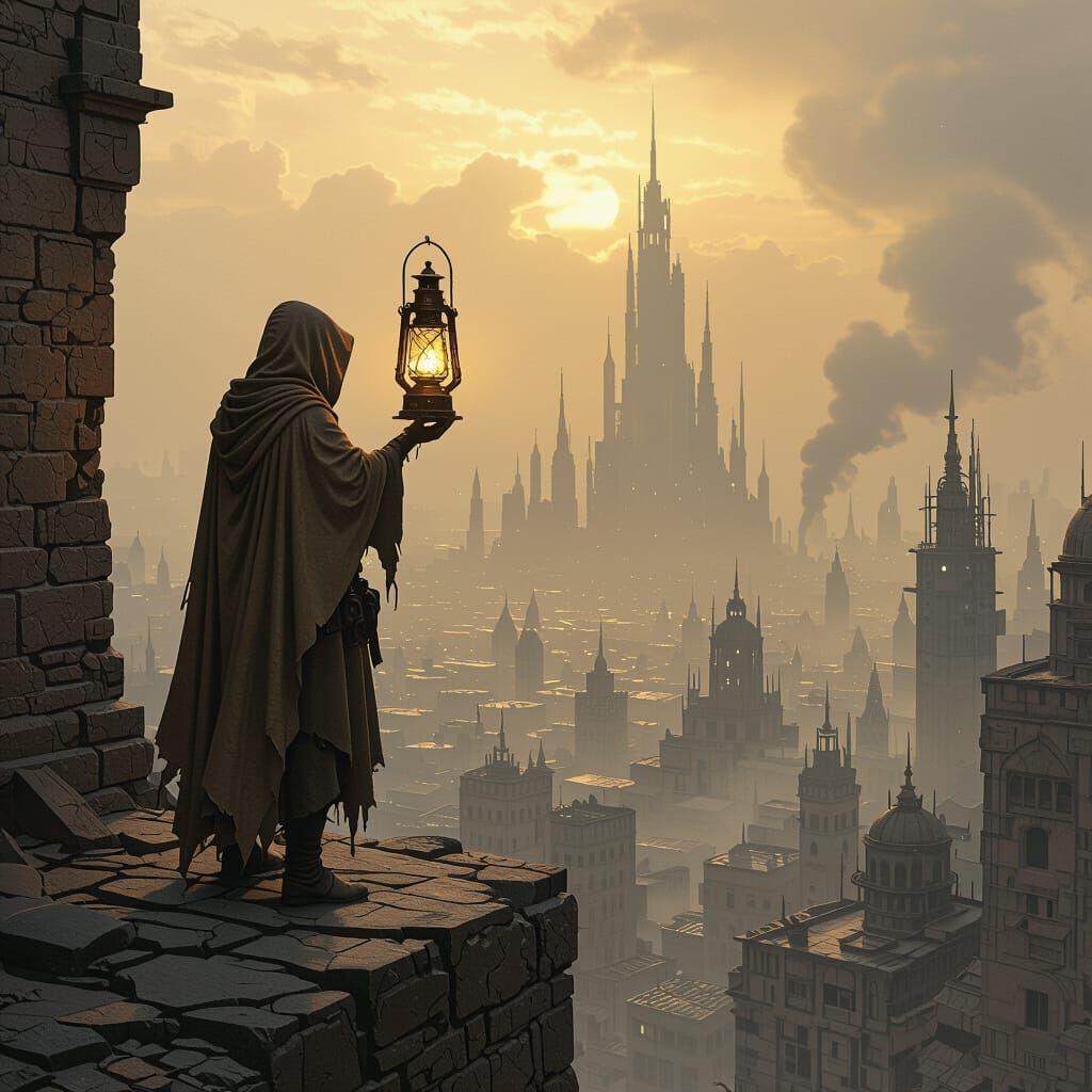 Dystopian Alchemist Overlooks Decaying Cityscape