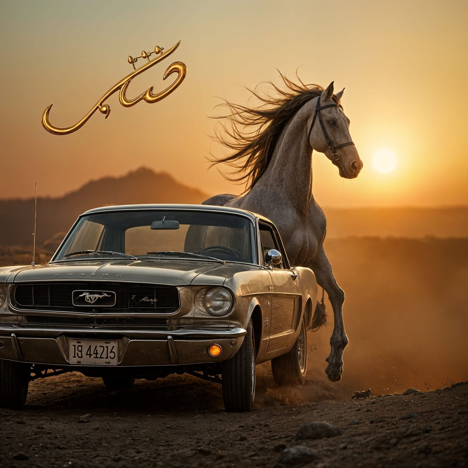 Arabic Calligraphy with Horse and Mustang
