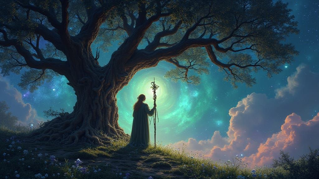 Majestic Ancient Tree with Druid in Nebula