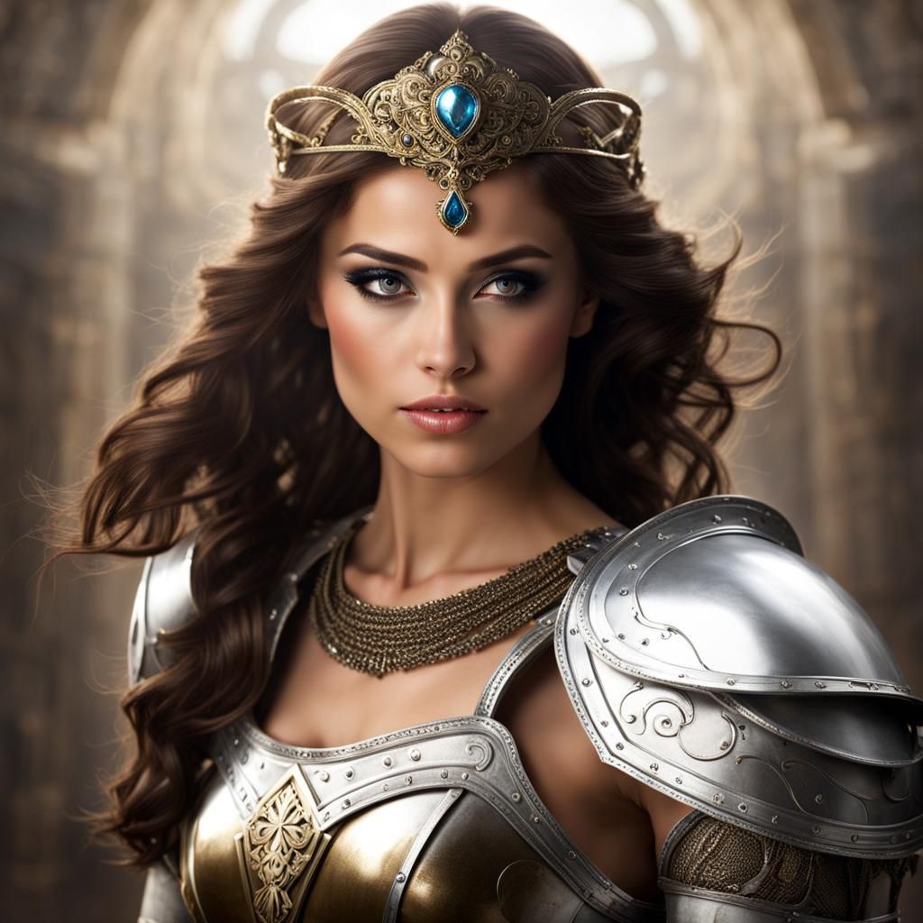 Noble Brunette Lady in White Armor
