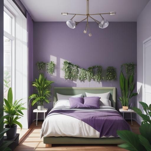 Modern Bedroom in Purple and Olive with Natural Lighting