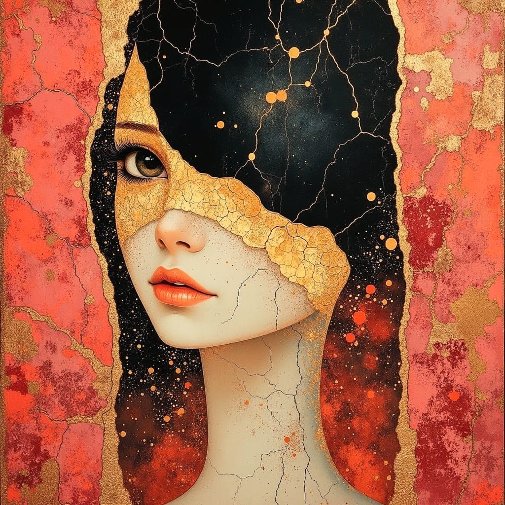 Surreal Close-up of a Young Indian Bride in a Cracked, Golde...