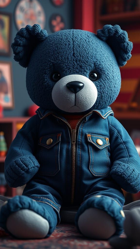 Stunning made of denim blue jeans bigger one teddy bear with a zipper, Breathtaking Artwork, Intricate Photography, A Ma...
