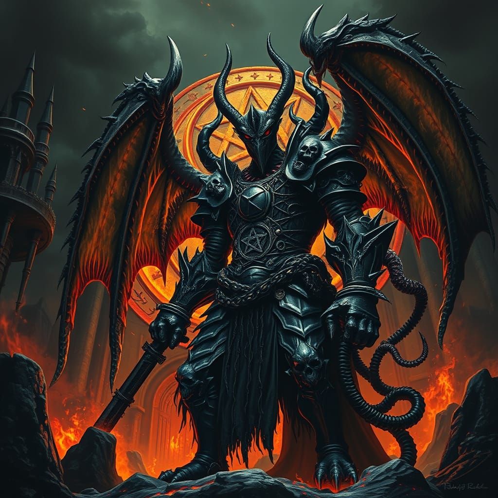 Demon Knight Guarding Fiery Abyss in Macabre Style