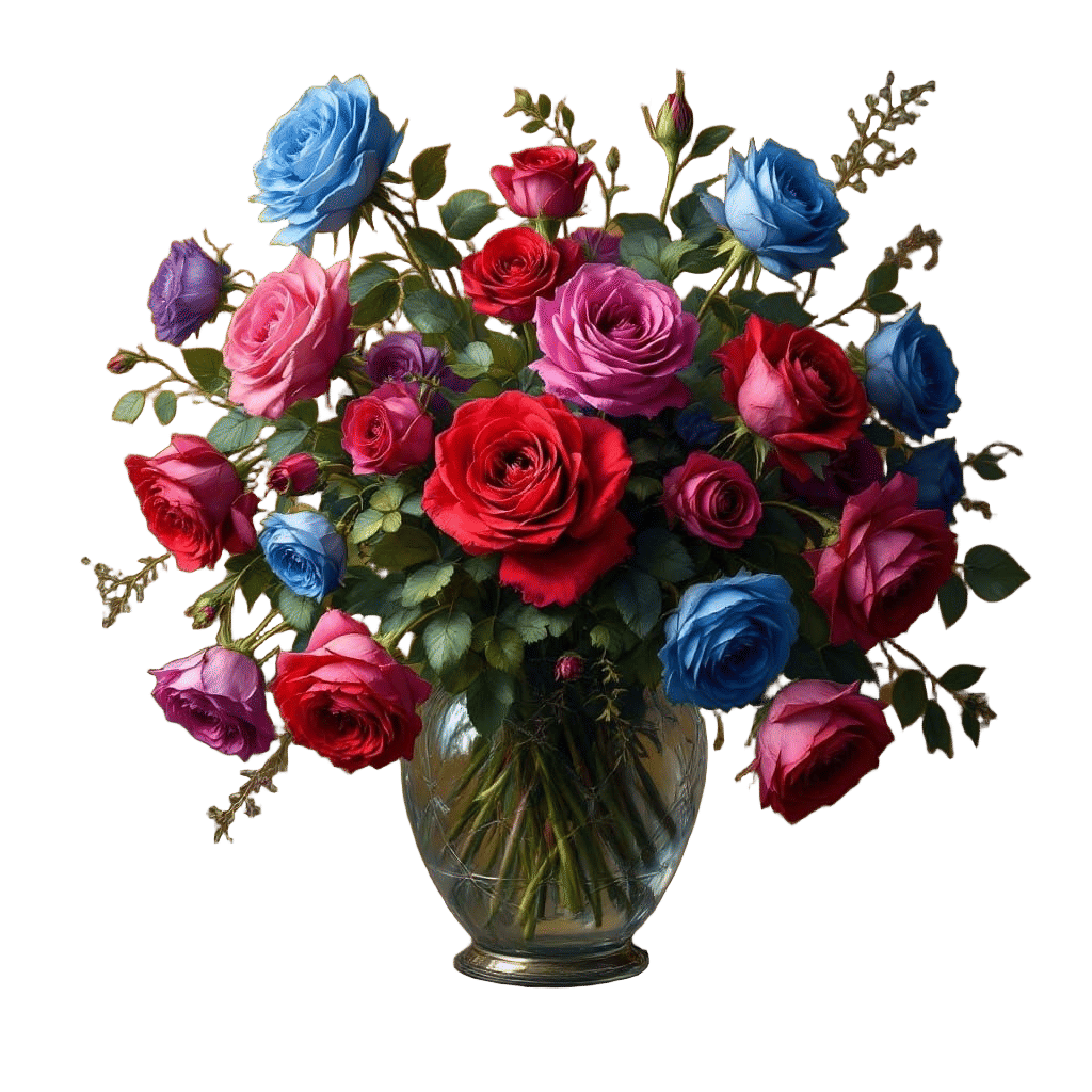 Roses in Blue, Red, and Magenta, in Gurney Style