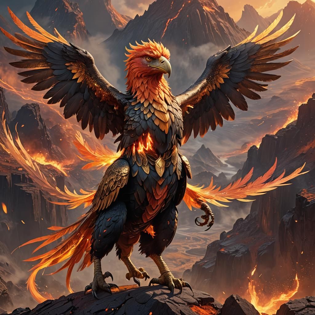 Fiery Pyraquill Griffin Soaring in Volcanic Landscape