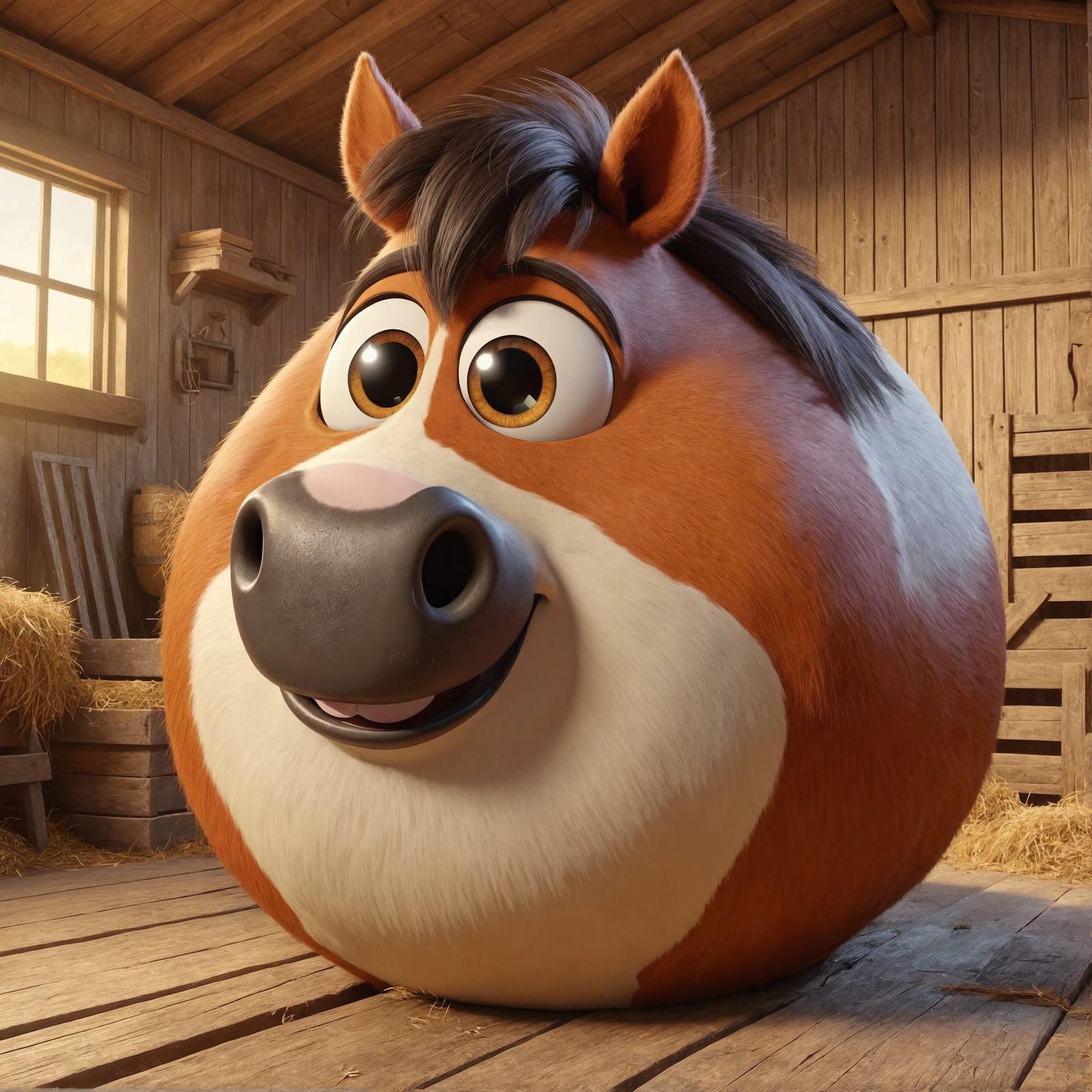 Round Cartoon Horse in Barn, CGI Render
