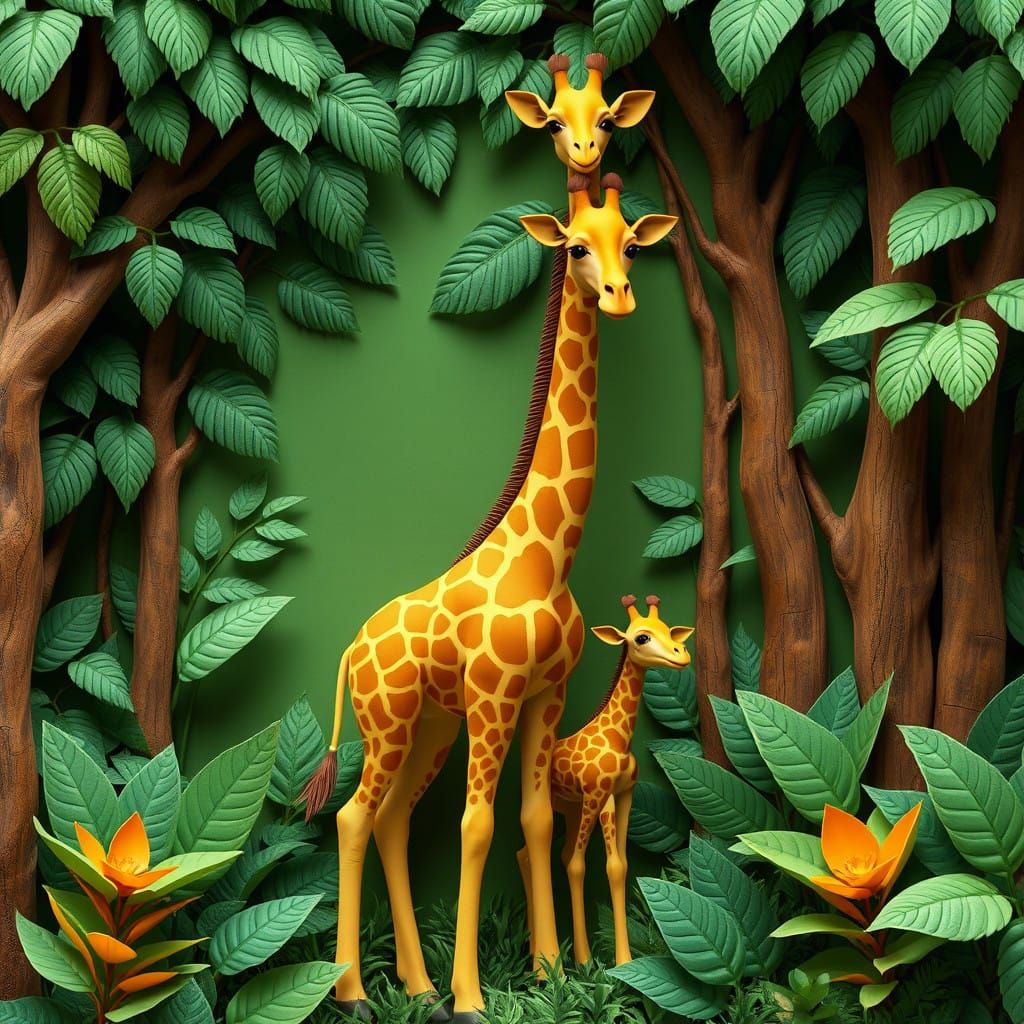 Mother and Baby Giraffe Amidst Lush Tropical Forest in Vibra...