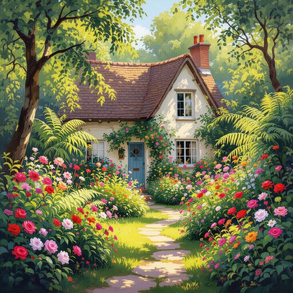 Whimsical Cottage Garden in Dappled Sunlight, Impressionisti...