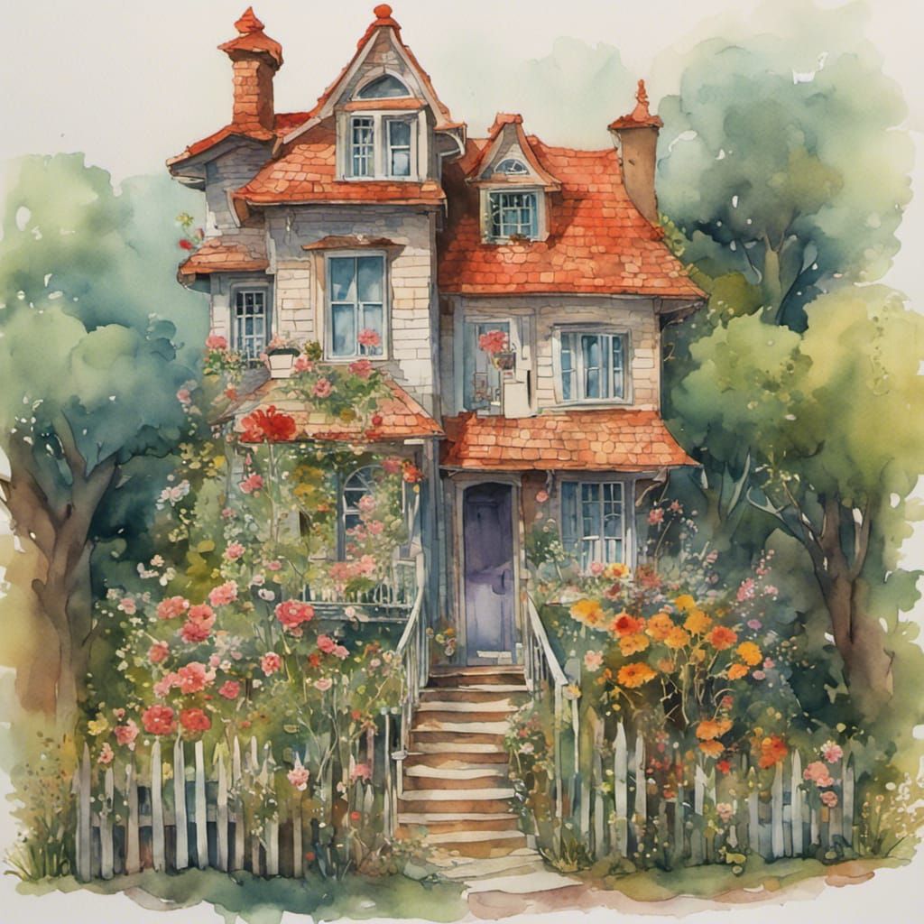 Wonky House in Watercolor Style