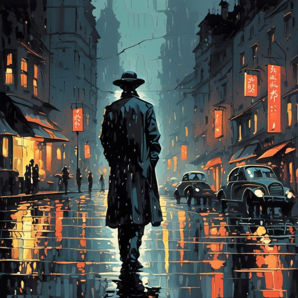 1950s Film Noir Detective in Rainy Street Scene
