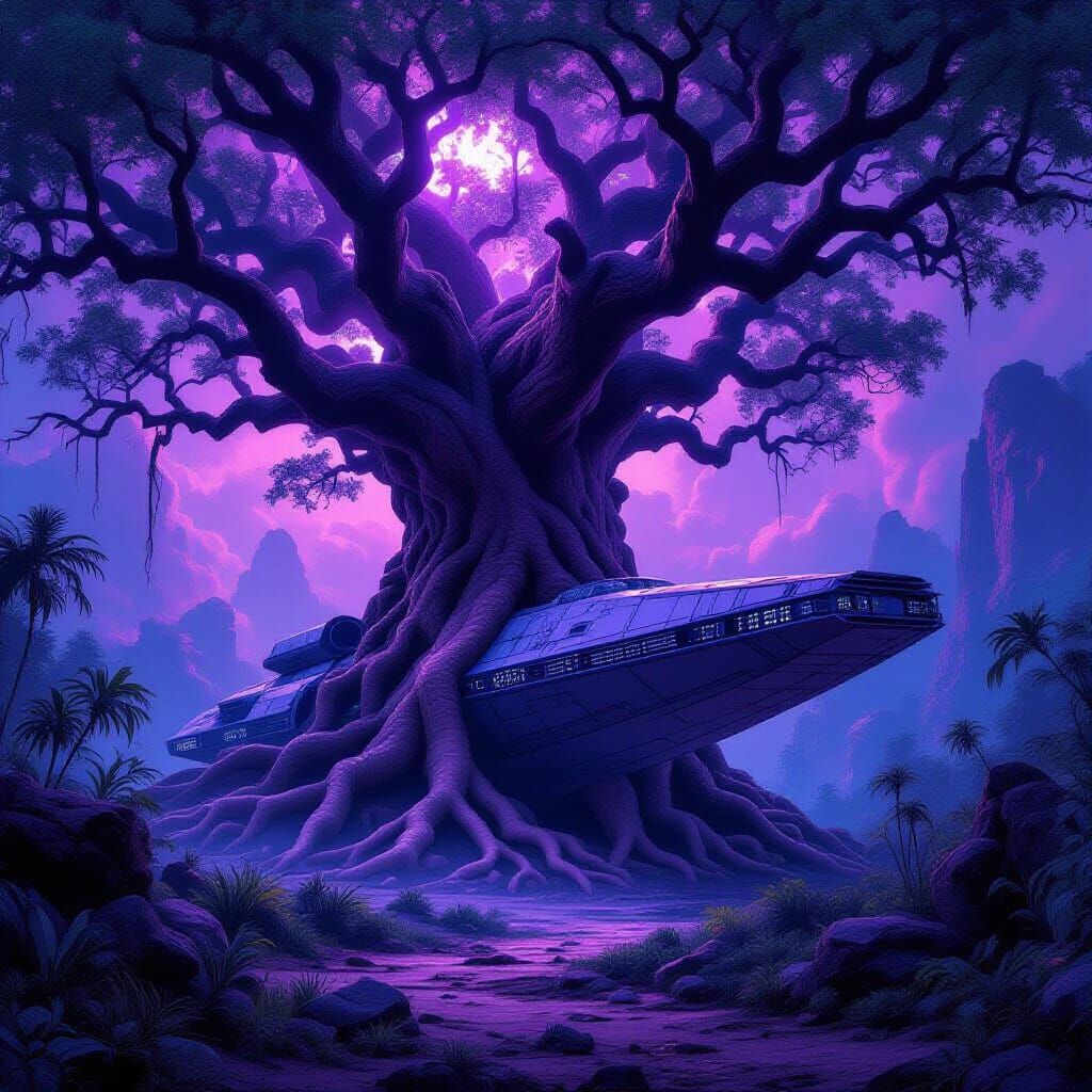 Surreal Fusion: Ancient Tree and Derelict Spaceship